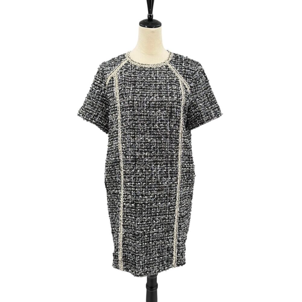 THML Black White Metallic Tweed Plazacore Short Sleeve Lined Shift Mini Dress